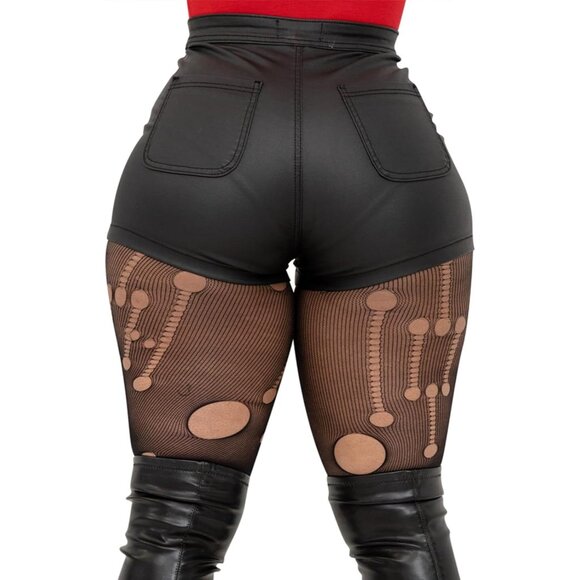 Women's Black 1 High Waist Imported Pu Faux Leather Zipper Shorts - Picture 2 of 6